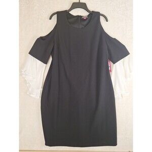 VINCE CAMUTO Womens XL Cold Shoulder Dress Black White Bell Sleeves Jersey Zip